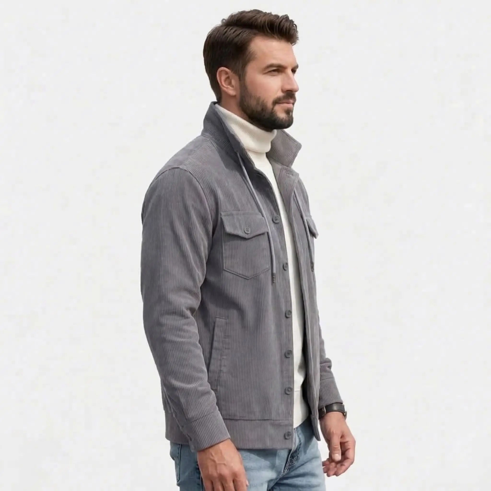 Men's gray corduroy jacket, side view