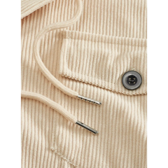 Khaki corduroy jacket close-up of collar drawstring, button and ribbed fabric