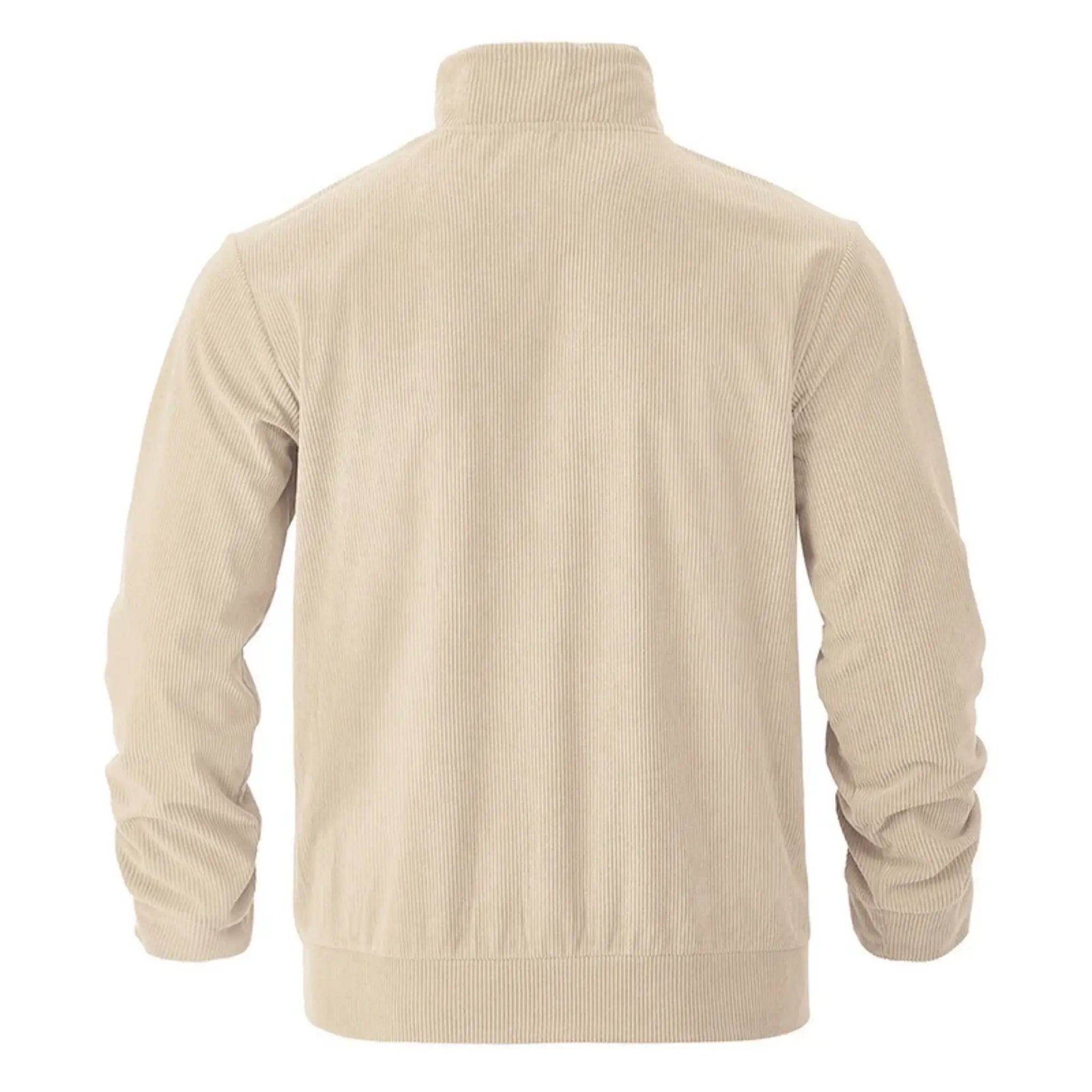 Khaki corduroy jacket flat lay, back view with ribbed hem