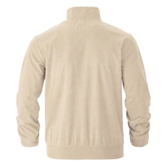 Khaki corduroy jacket flat lay, back view with ribbed hem