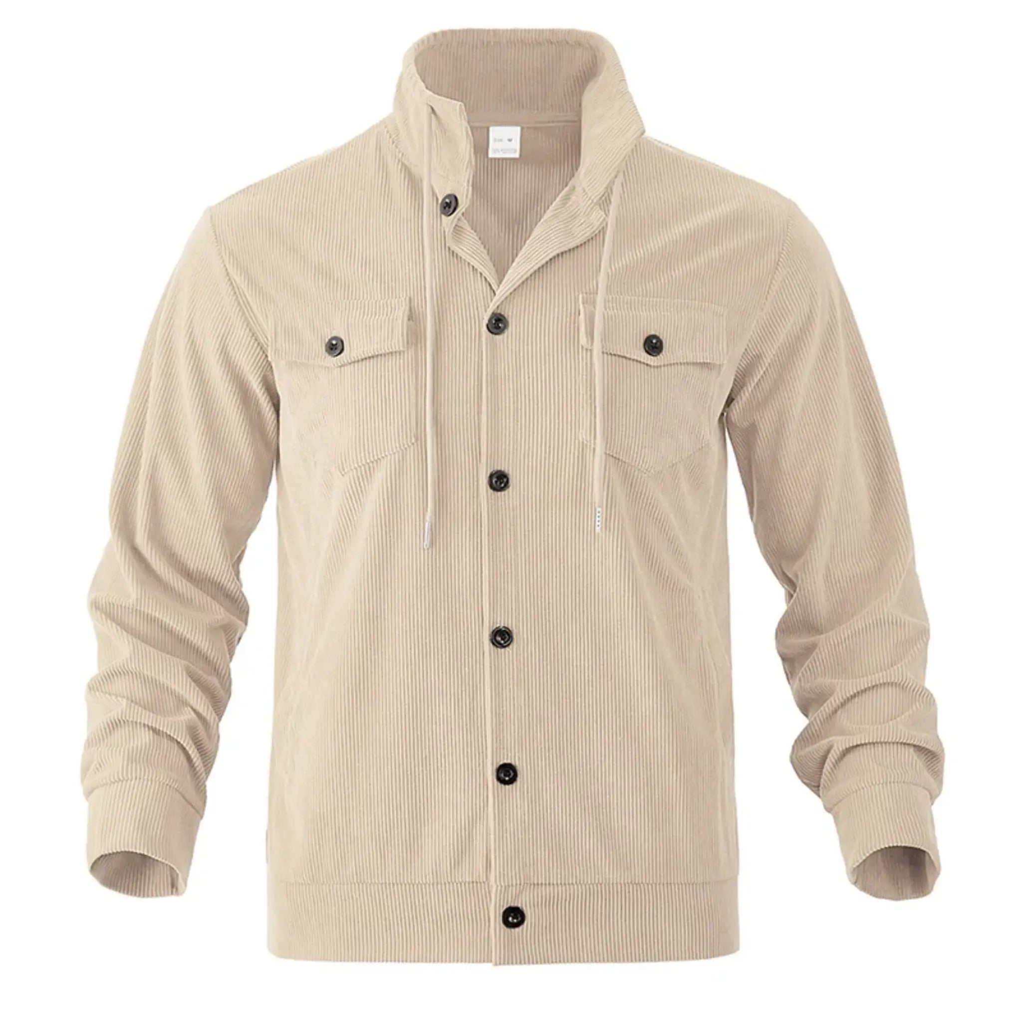 Khaki corduroy jacket flat lay showing stand collar, drawstring and chest flap pockets