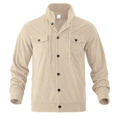 Khaki corduroy jacket flat lay showing stand collar, drawstring and chest flap pockets