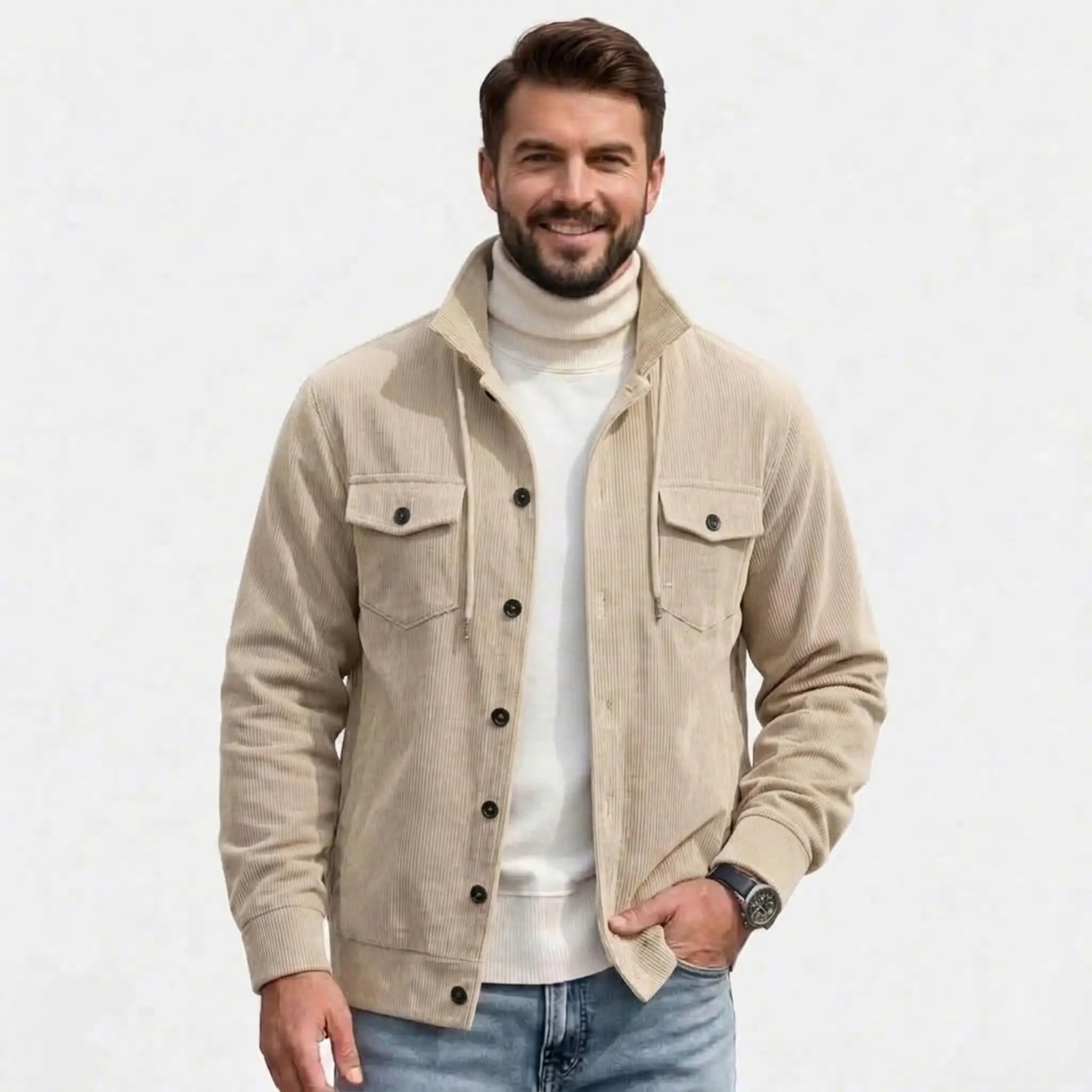 MannerCo men's khaki corduroy jacket with stand collar, front view over white turtleneck