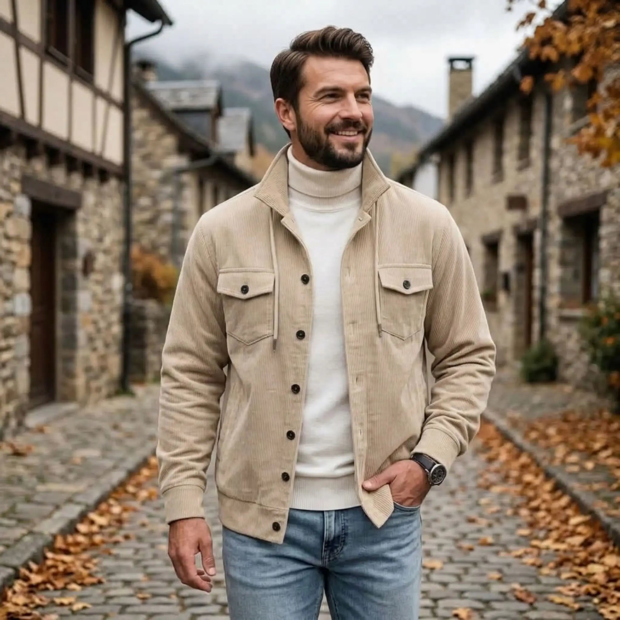 Khaki corduroy jacket worn walking a cobblestone village street in autumn