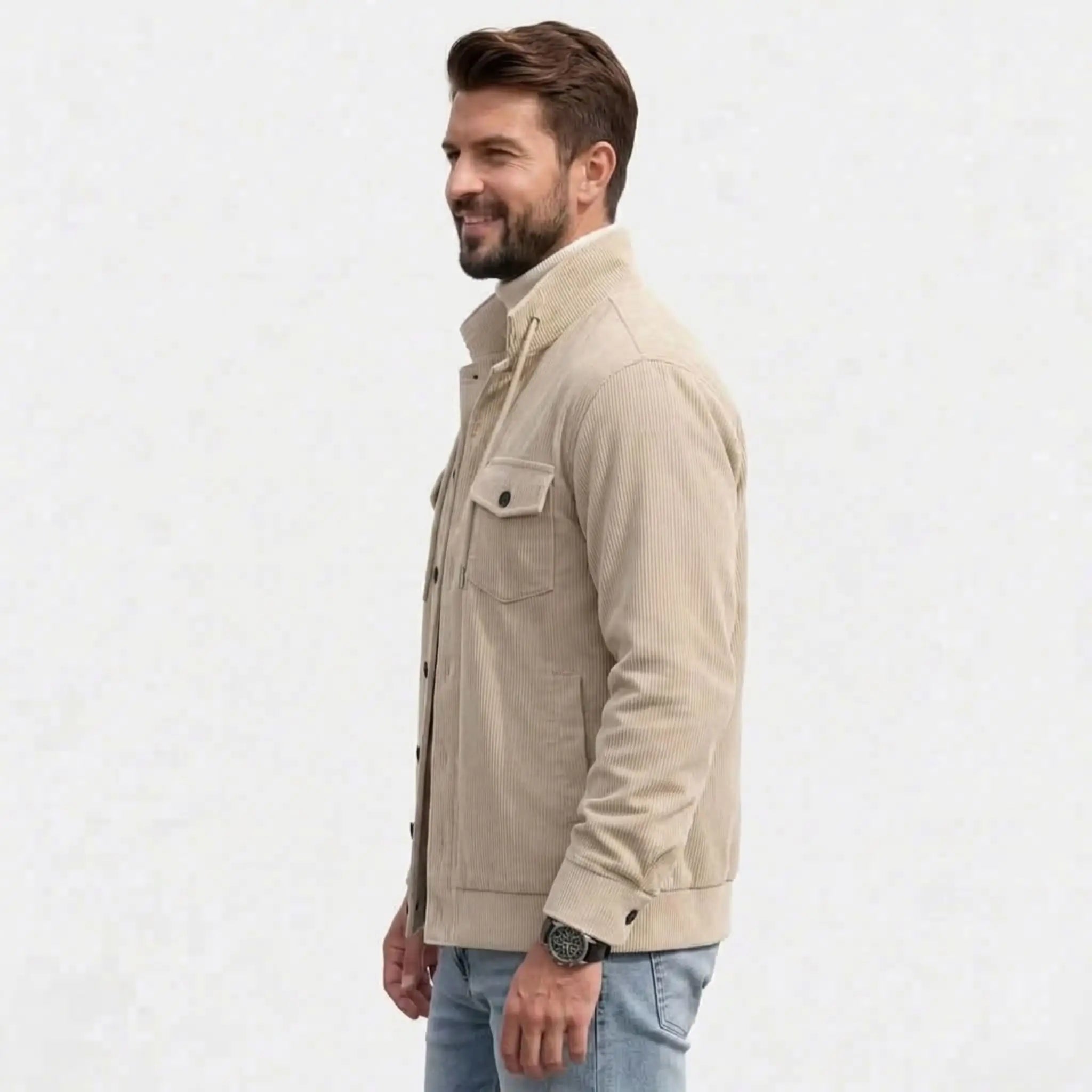 Men's khaki corduroy jacket, side view