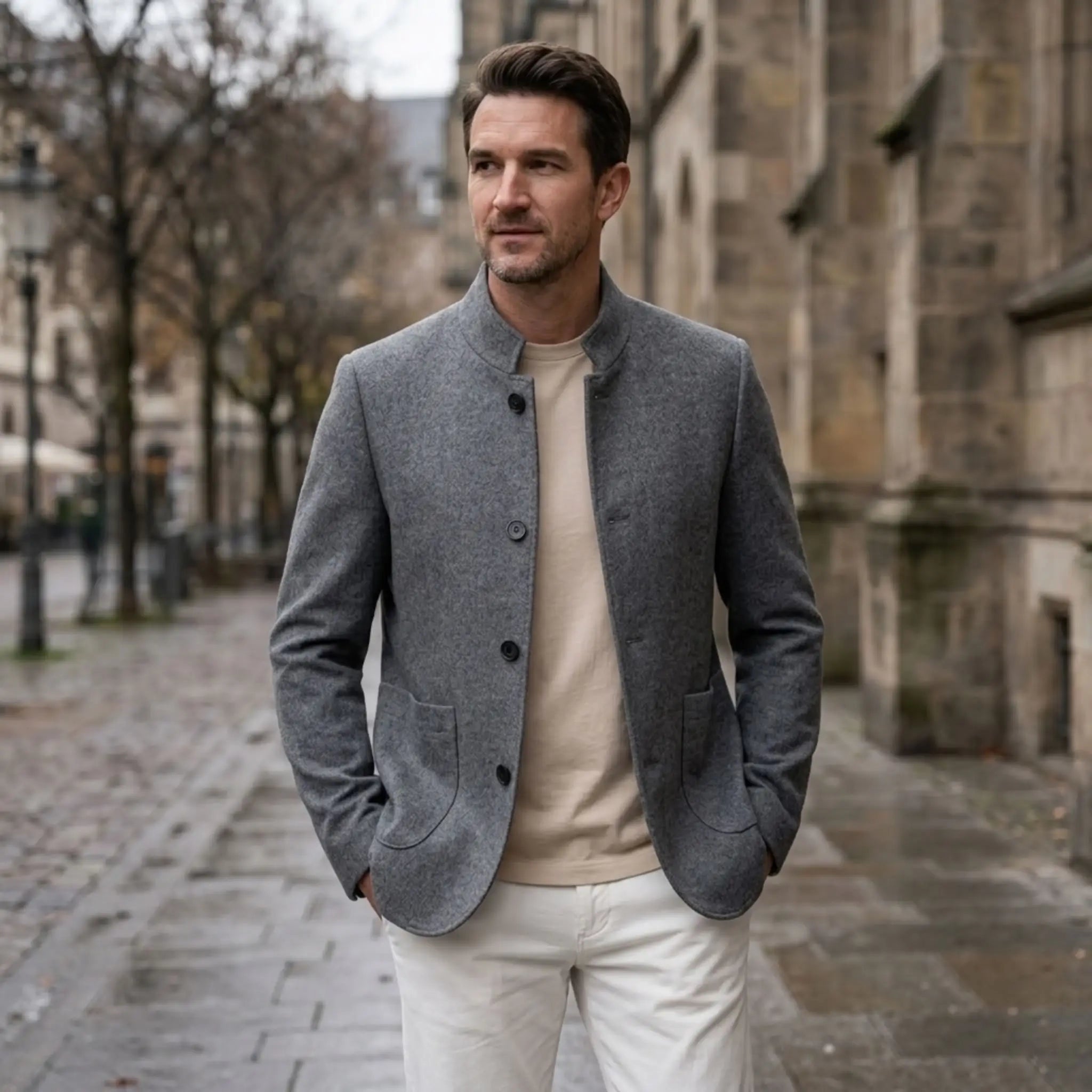 MannerCo gray wool overcoat with stand collar worn outdoors on cobblestone street