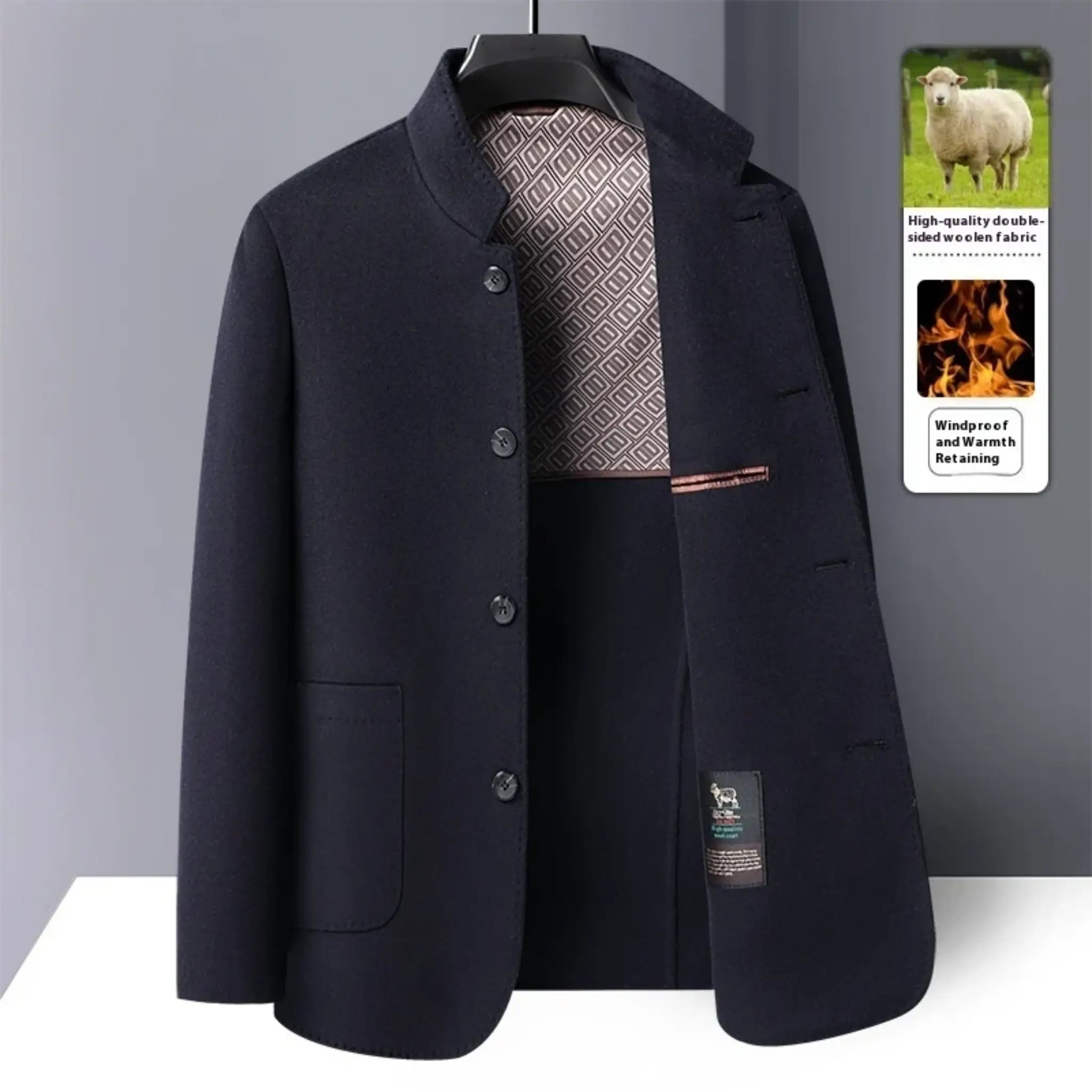 MannerCo men's navy blue double-faced wool overcoat stand collar button front patterned lining display