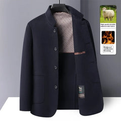 MannerCo men's navy blue double-faced wool overcoat stand collar button front patterned lining display
