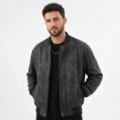 MannerCo men's black faux suede bomber jacket with ribbed collar worn open over black tee