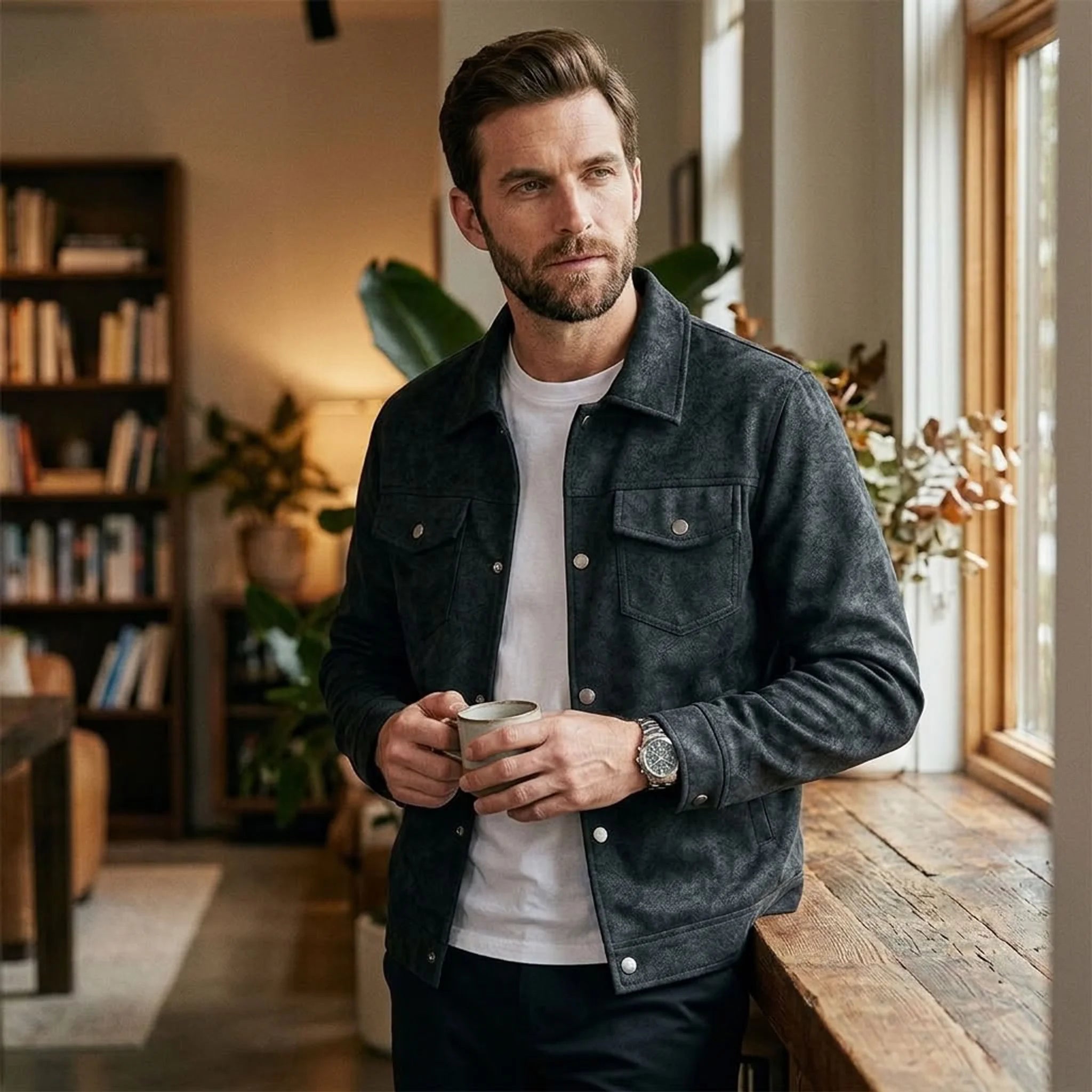 Man wearing black faux suede trucker jacket indoors by a window