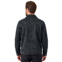 Black faux suede trucker jacket on model, back view