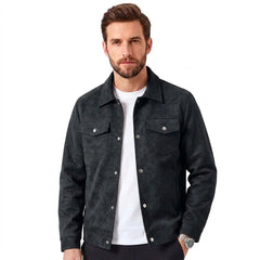 Black faux suede trucker jacket on model, front view