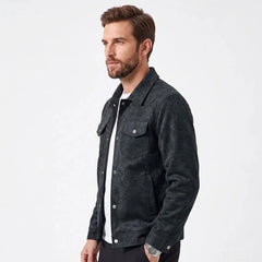 Black faux suede trucker jacket on model, side view