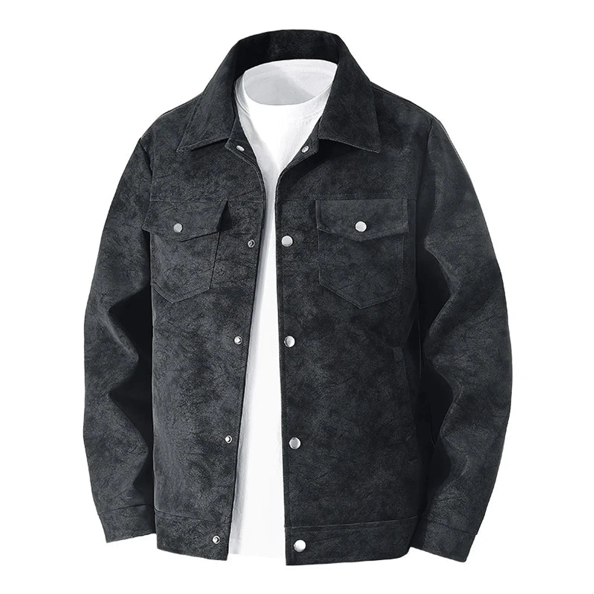 Black faux suede trucker jacket, product front