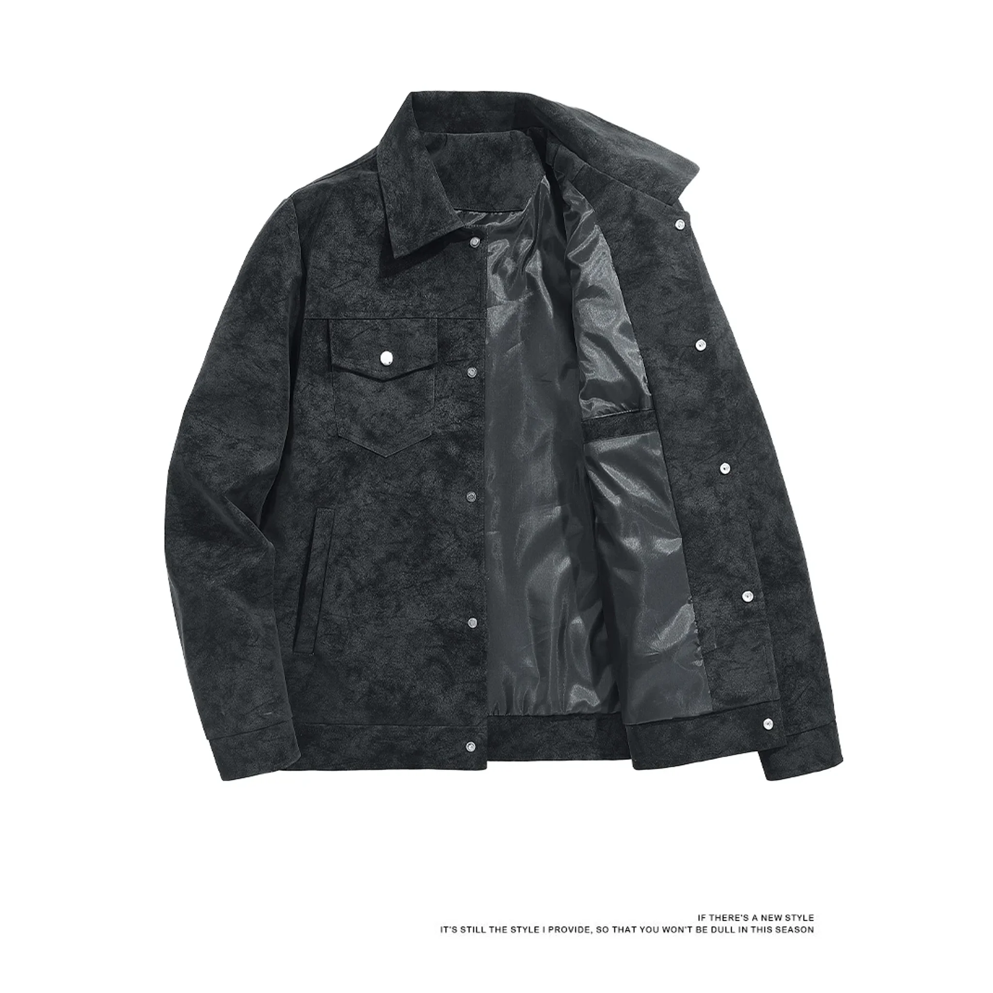 Black faux suede trucker jacket open, showing the lining