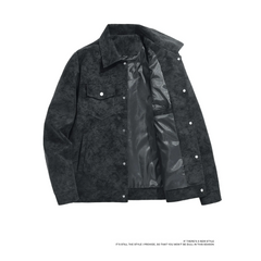 Black faux suede trucker jacket open, showing the lining