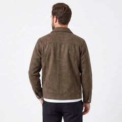 Brown faux suede trucker jacket on model, back view