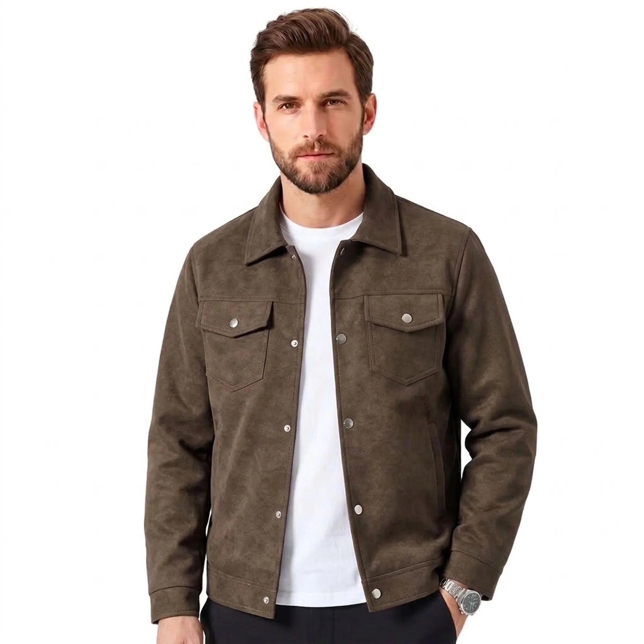 Brown faux suede trucker jacket on model, front view