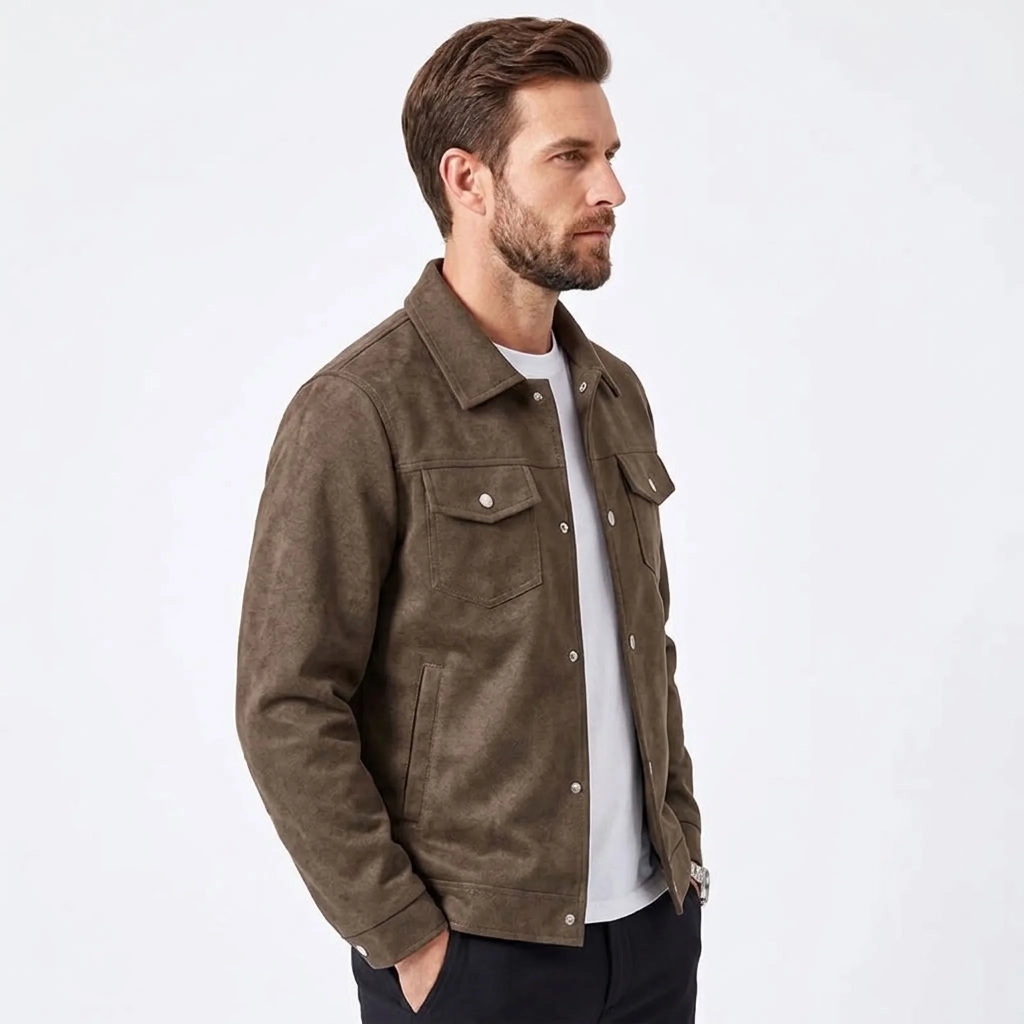 Brown faux suede trucker jacket on model, side view