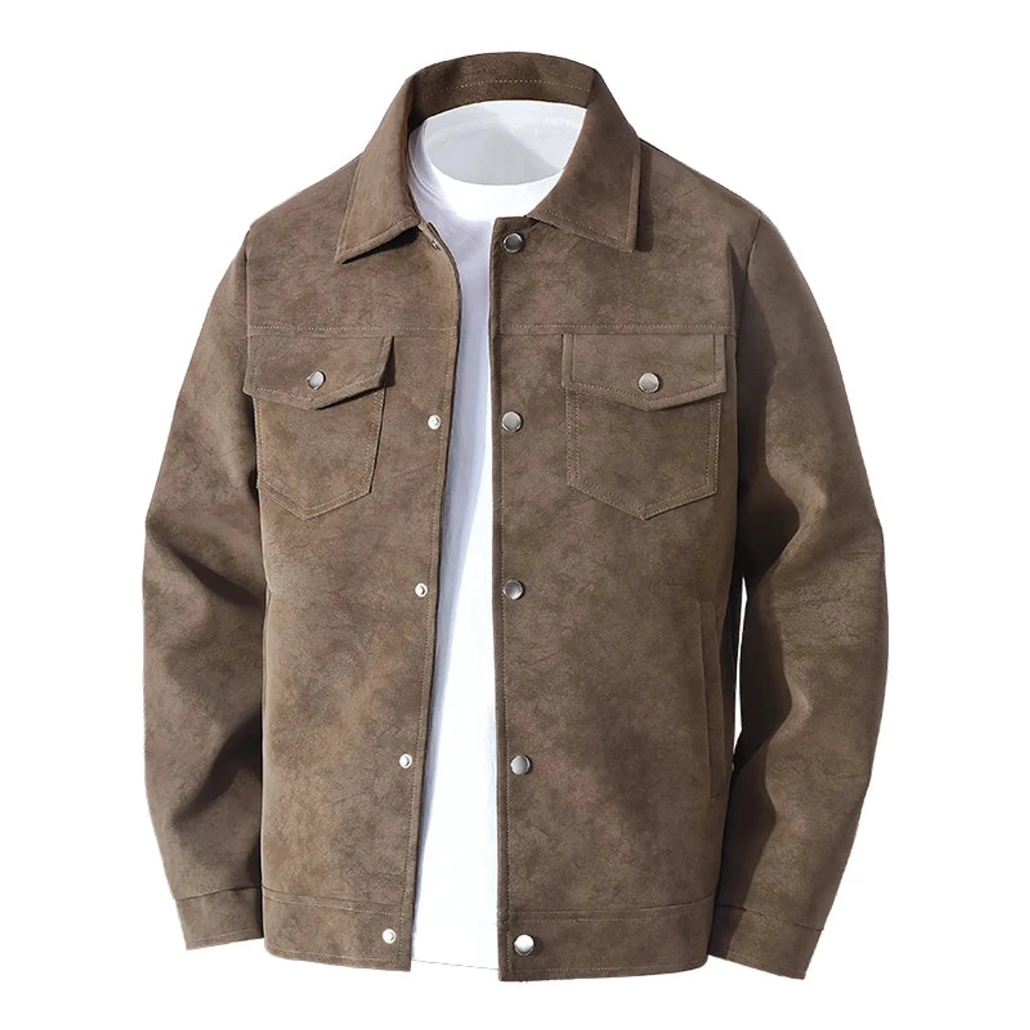 Brown faux suede trucker jacket with snap-flap chest pockets, product front