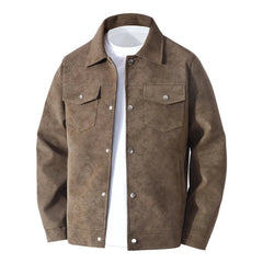 Brown faux suede trucker jacket with snap-flap chest pockets, product front