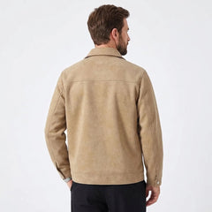 Tan faux suede trucker jacket on model, back view
