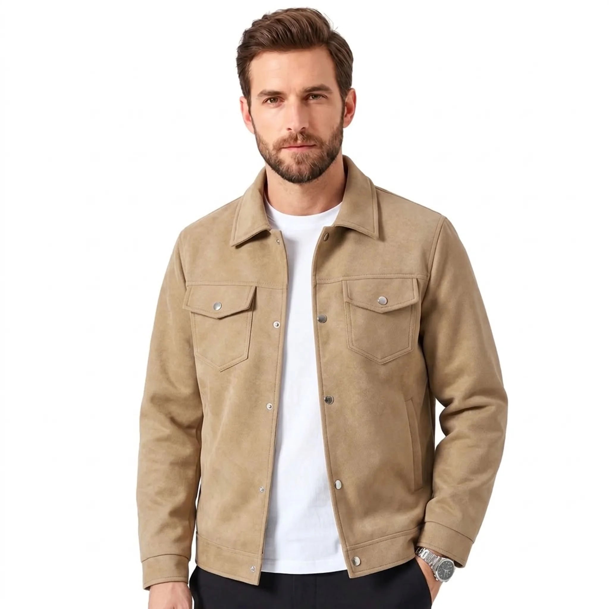 Tan faux suede trucker jacket worn over a white tee, front view