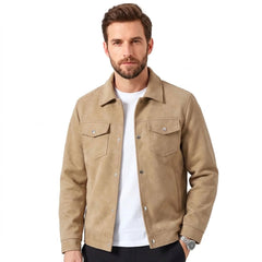Tan faux suede trucker jacket worn over a white tee, front view