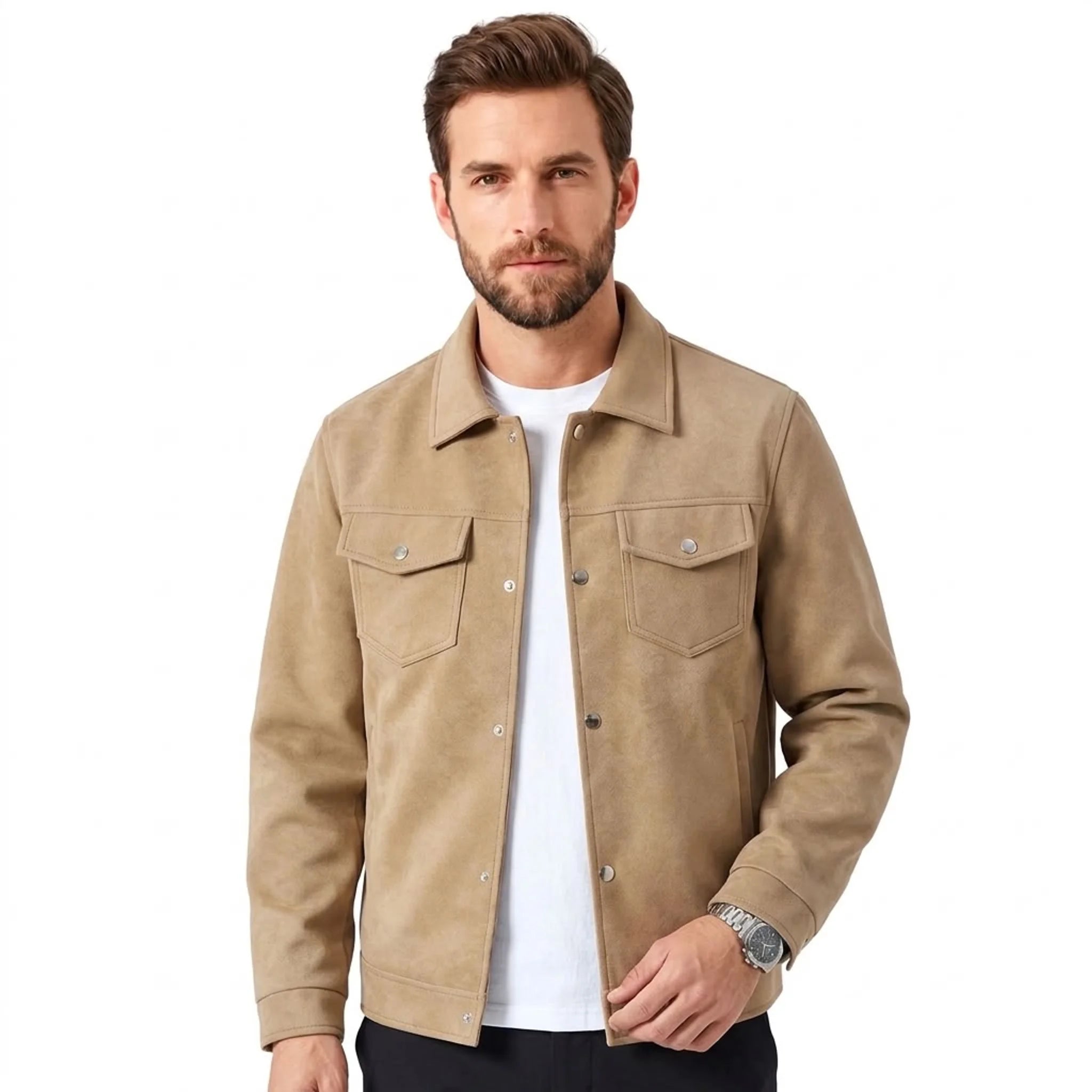 MannerCo men's tan faux suede trucker jacket with snap buttons, front view on model