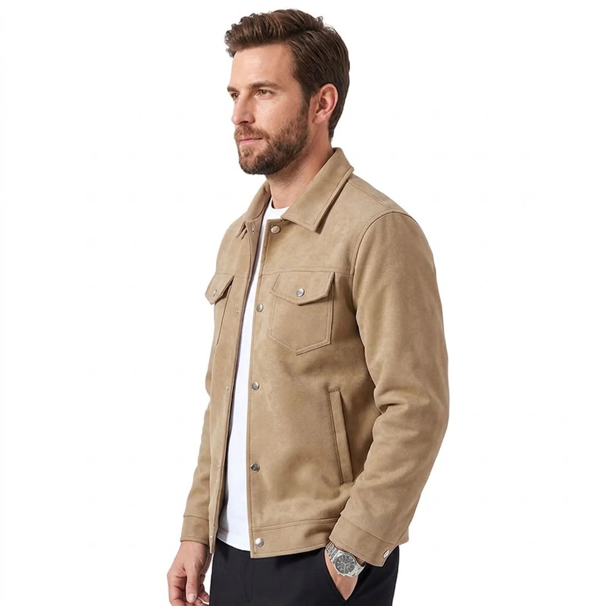 Tan faux suede trucker jacket on model, side view