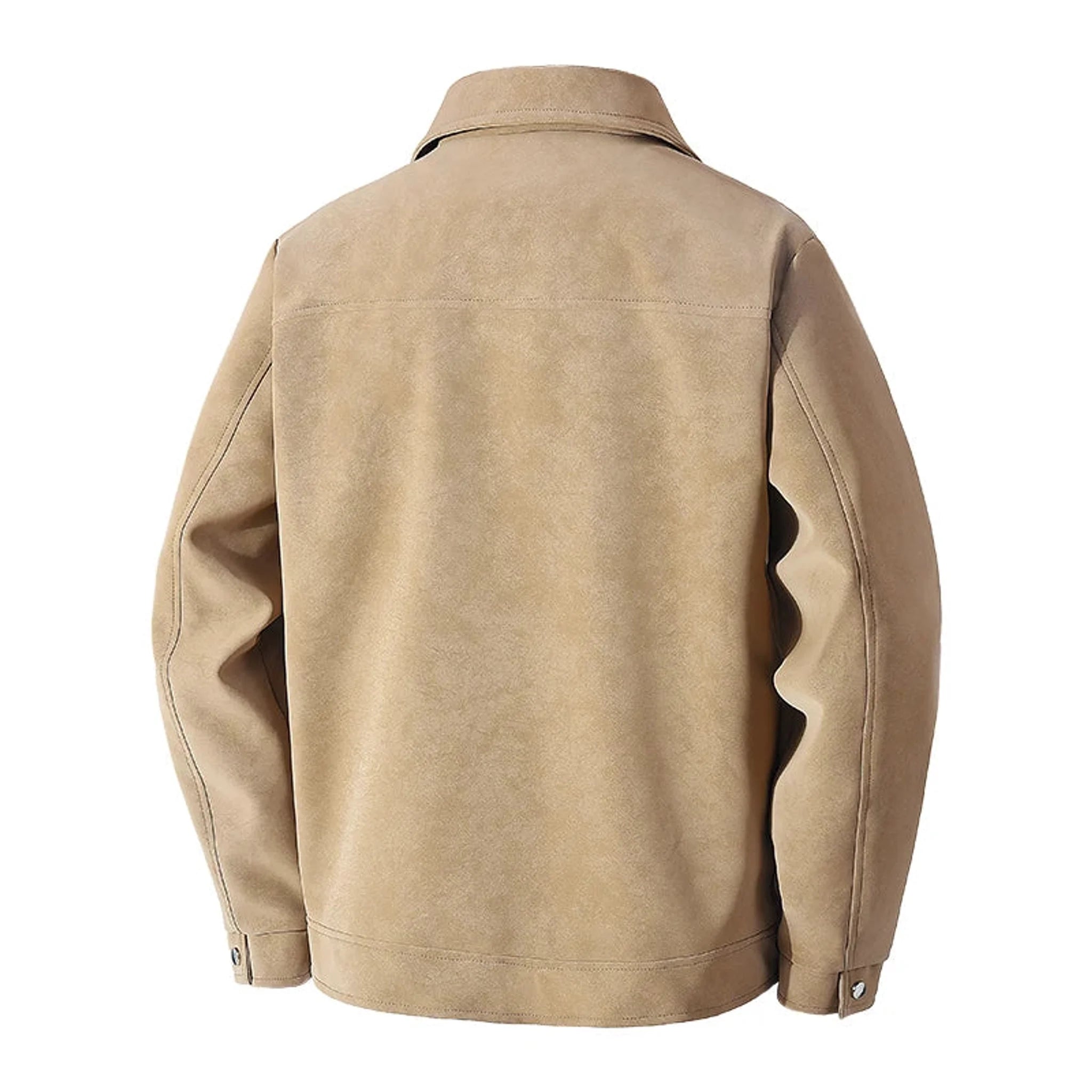 Tan faux suede trucker jacket, product back view