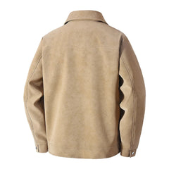 Tan faux suede trucker jacket, product back view