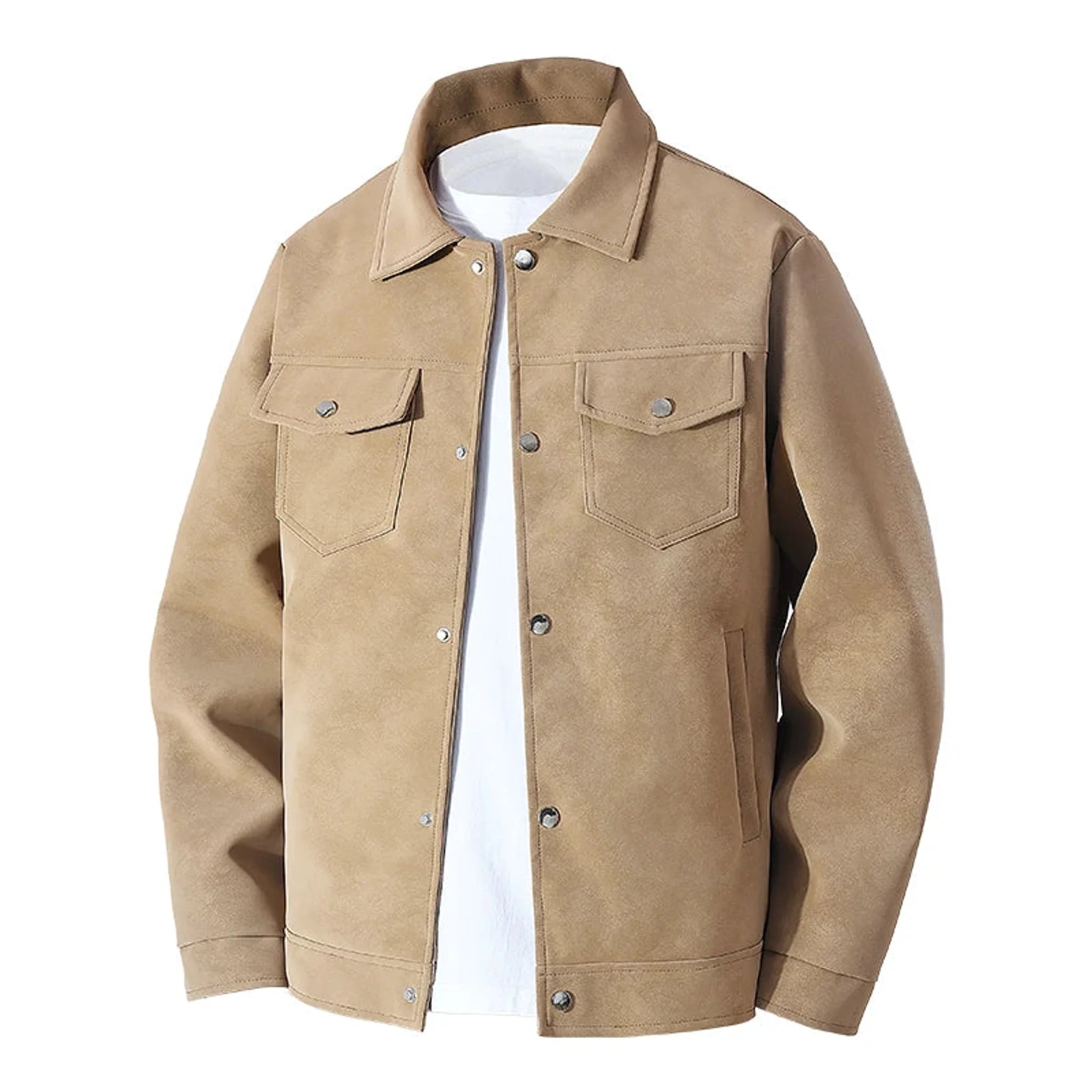 Tan faux suede trucker jacket with flap chest pockets, product front