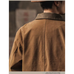 Camel faux suede jacket back and collar, close-up