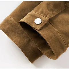 Camel faux suede jacket snap cuff, close-up