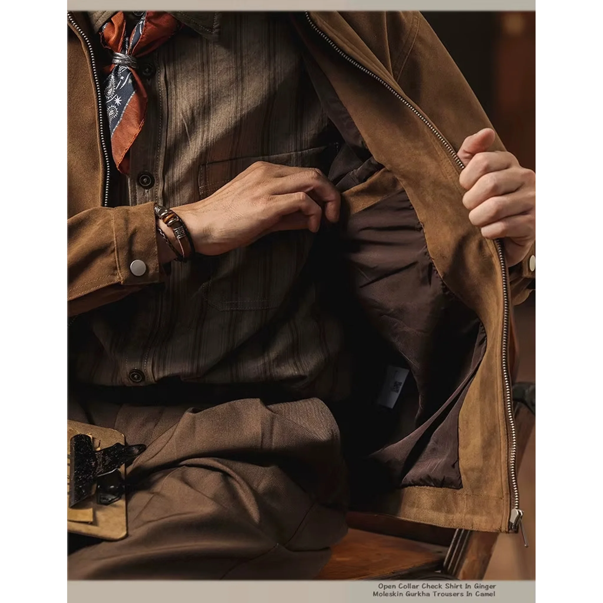 Camel faux suede jacket worn open, interior close-up