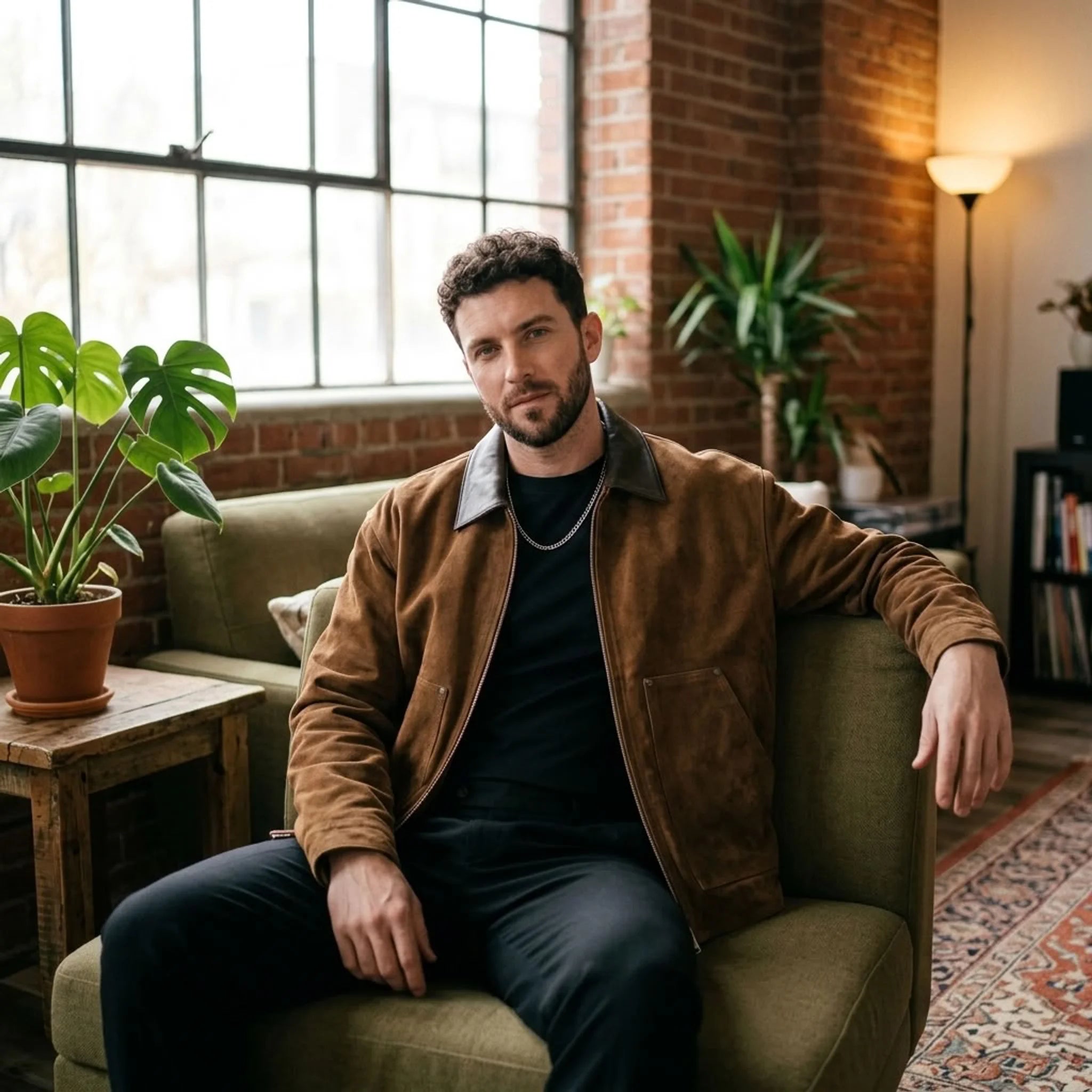 Man in camel faux suede zip jacket seated in a loft living room