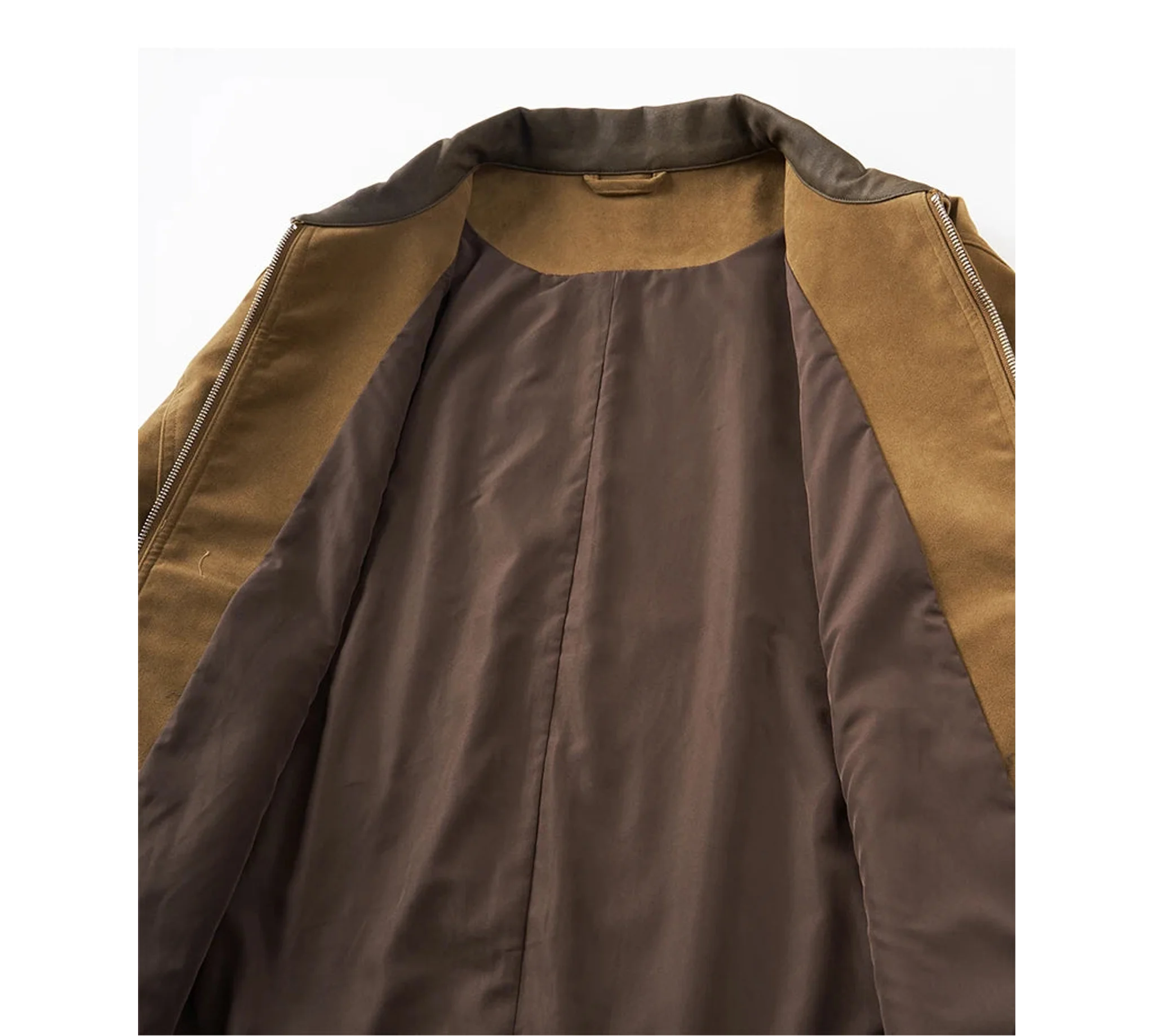 Faux suede zip jacket lining, close-up