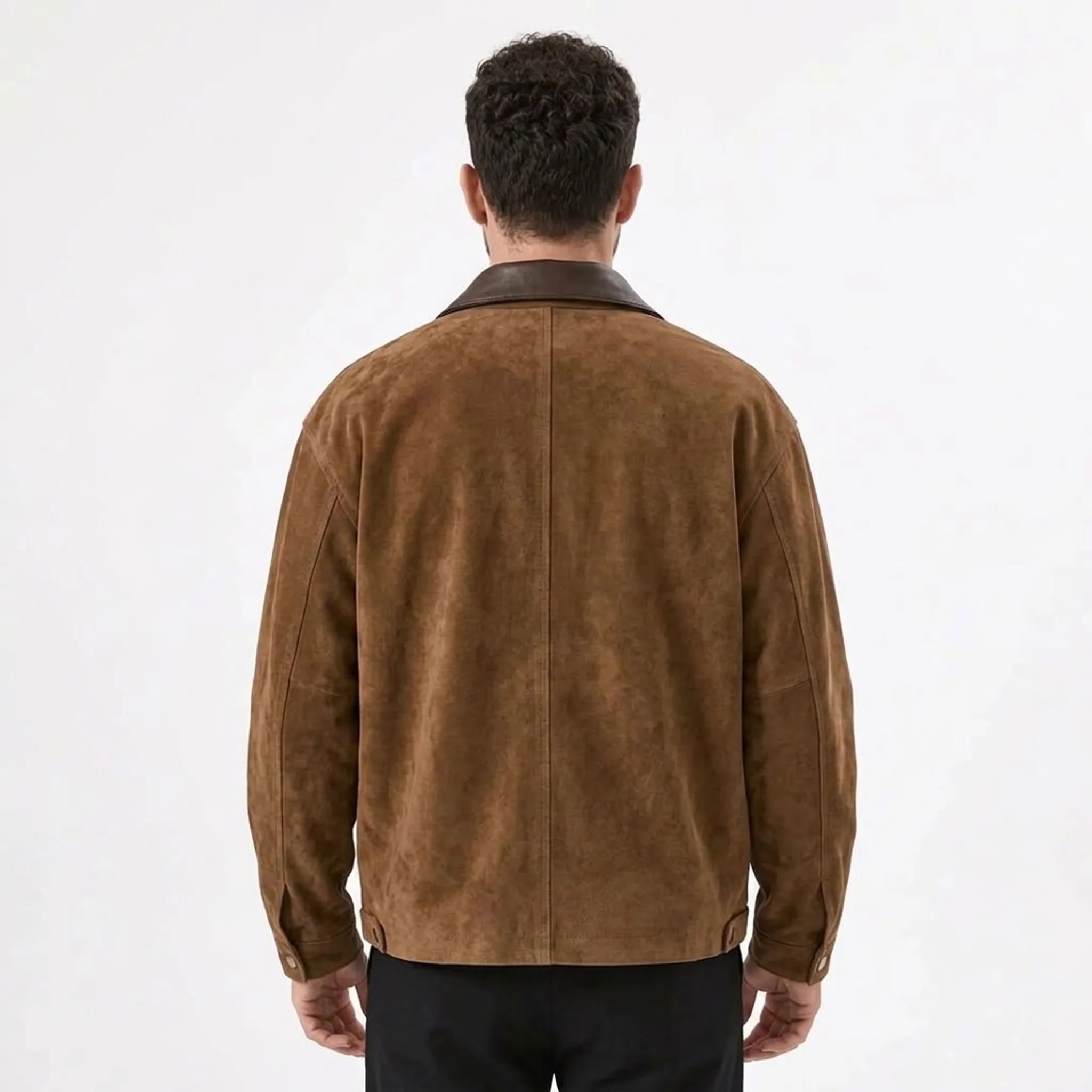 Camel faux suede zip jacket on model, back view