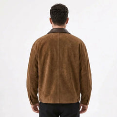 Camel faux suede zip jacket on model, back view