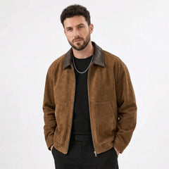 Camel faux suede zip jacket worn open over a black tee