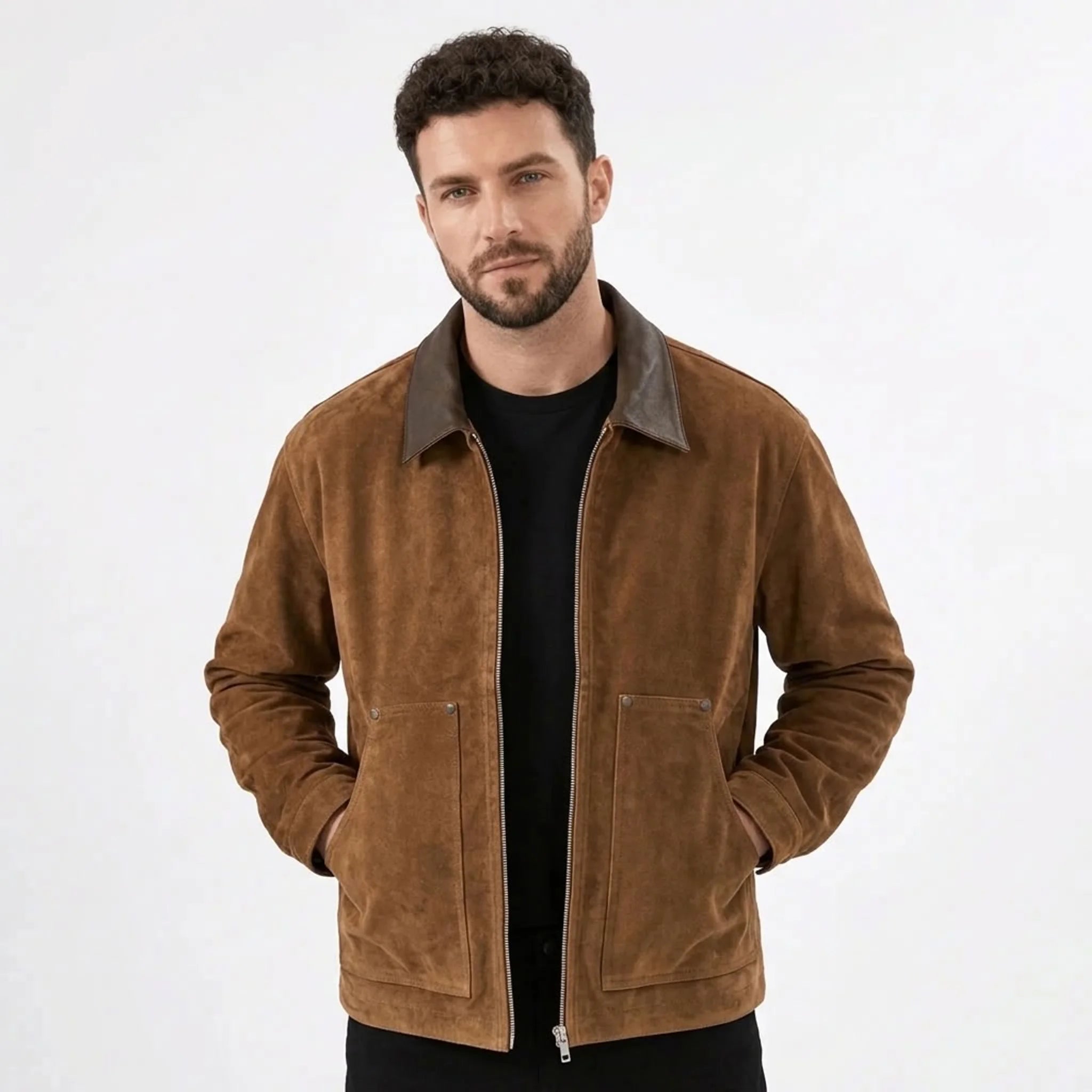 MannerCo men's camel faux suede zip jacket with contrast collar, front view on model