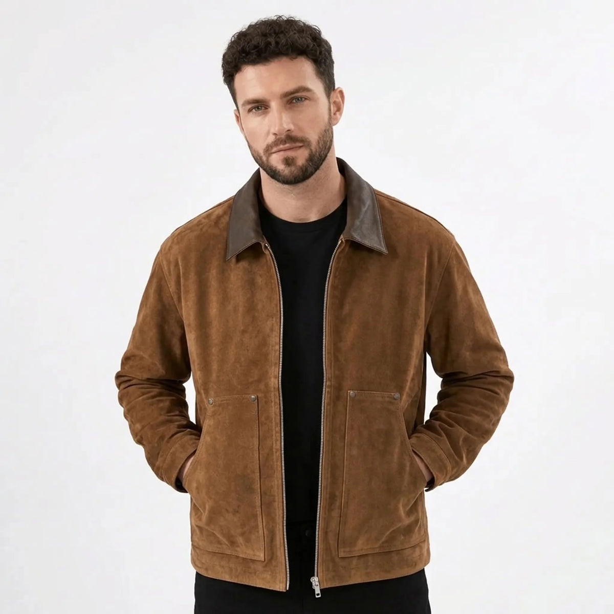 MannerCo men's camel faux suede zip jacket with contrast collar, front view on model