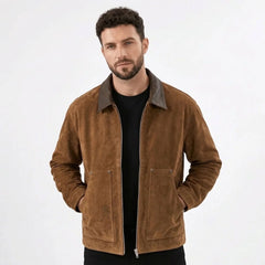 MannerCo men's camel faux suede zip jacket with contrast collar, front view on model