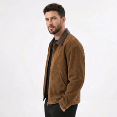 Camel faux suede zip jacket on model, side view