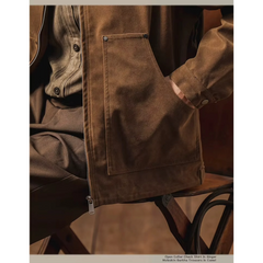 Camel faux suede jacket patch pocket, close-up