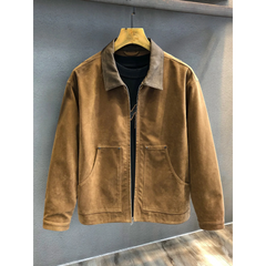 Camel faux suede zip jacket with dark contrast collar, front view on hanger