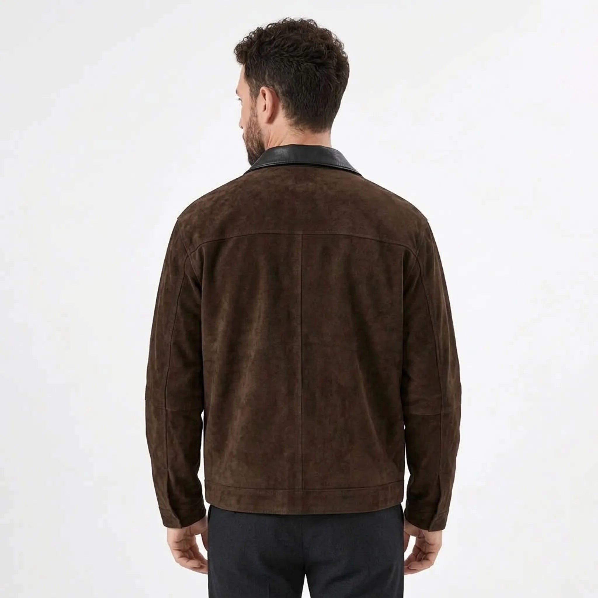 Dark brown faux suede zip jacket on model, back view