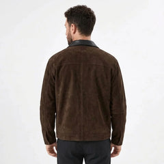 Dark brown faux suede zip jacket on model, back view