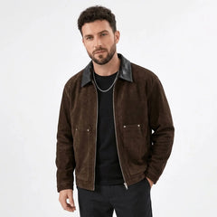 Dark brown faux suede zip jacket on model, front view